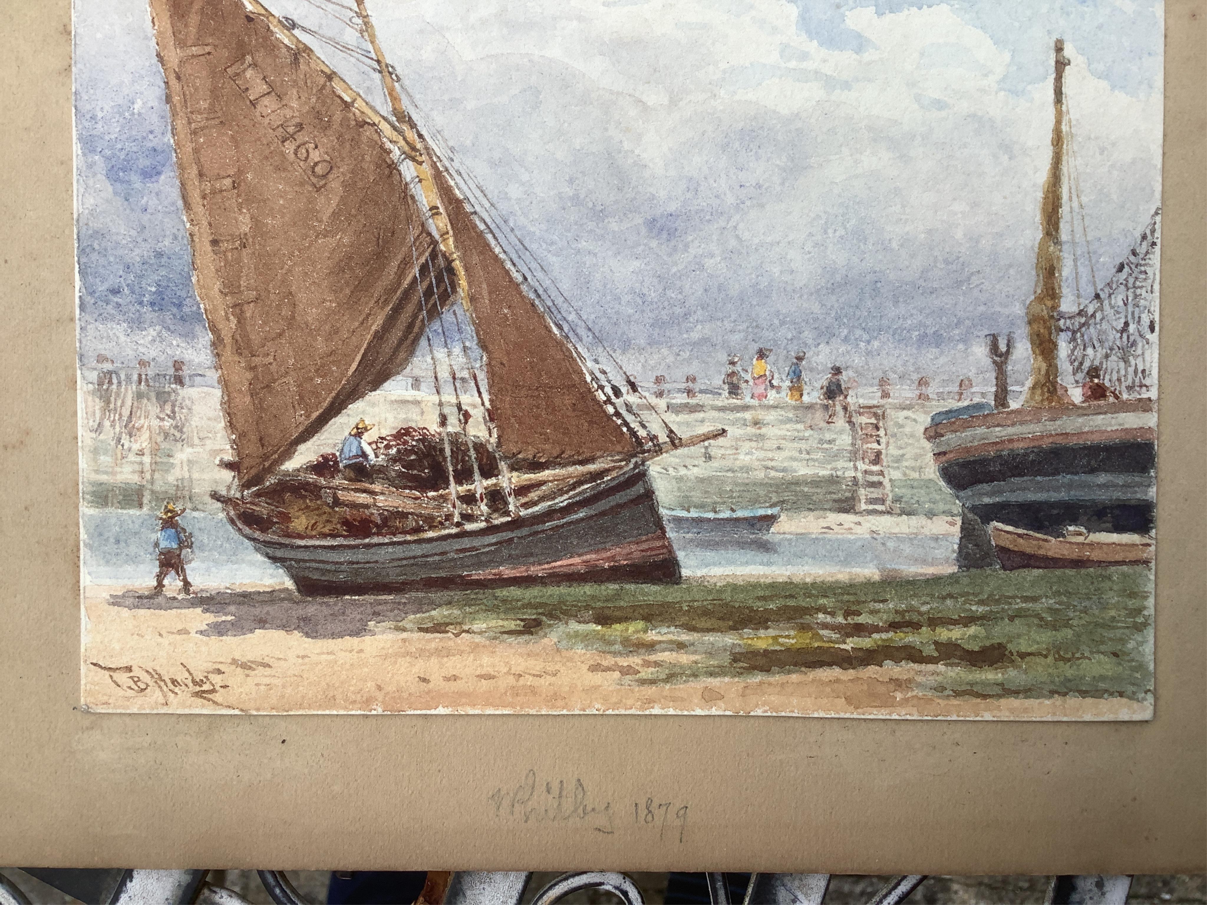 Thomas Bush Hardy (1842-1897), watercolour, “Whitby 1879”, fishing boats at low tide, signed, 13 x 16.5cm, unframed. Condition - fair